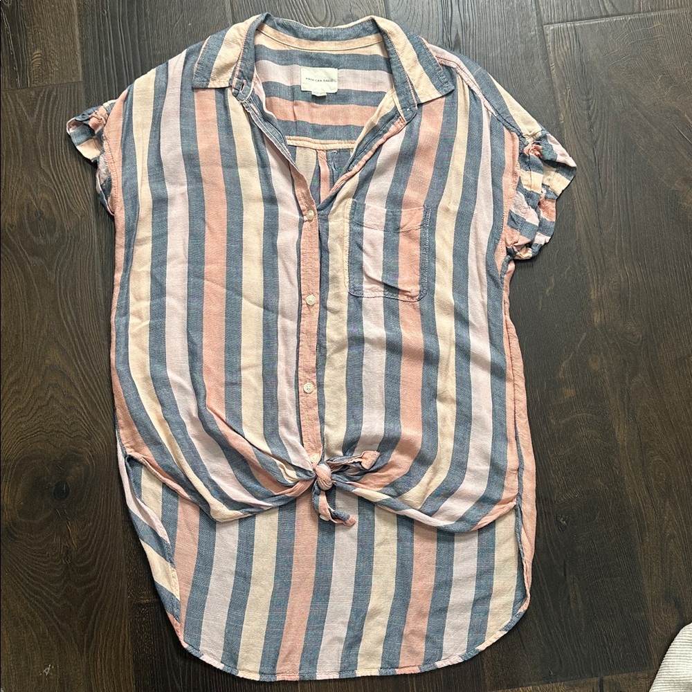 American Eagle Outfitters Striped Button-Up Top - Pink, Blue, Cream
